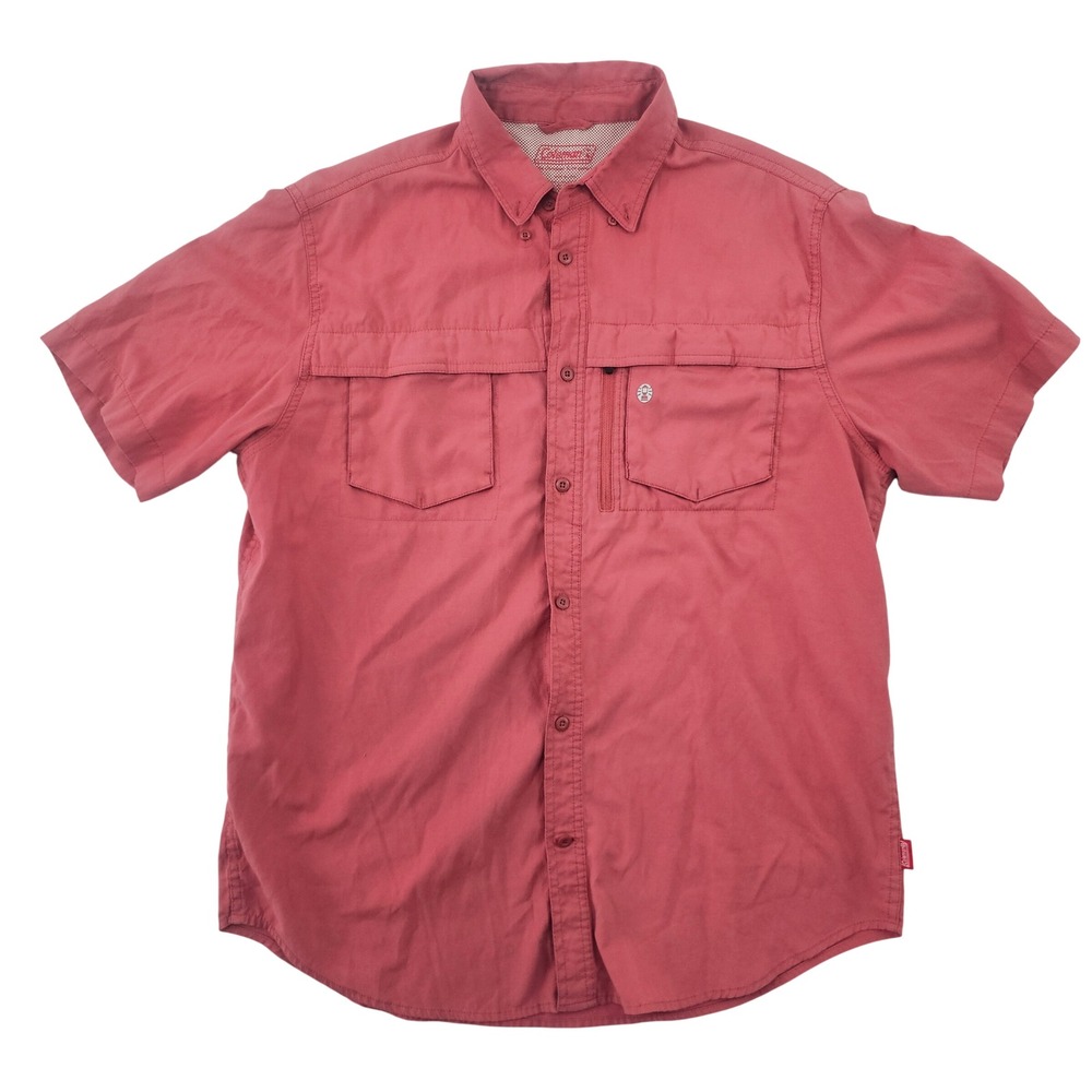 Coleman Mens Large Short Sleeve Button Down Fishing Shirt Red Mesh Lined Utility